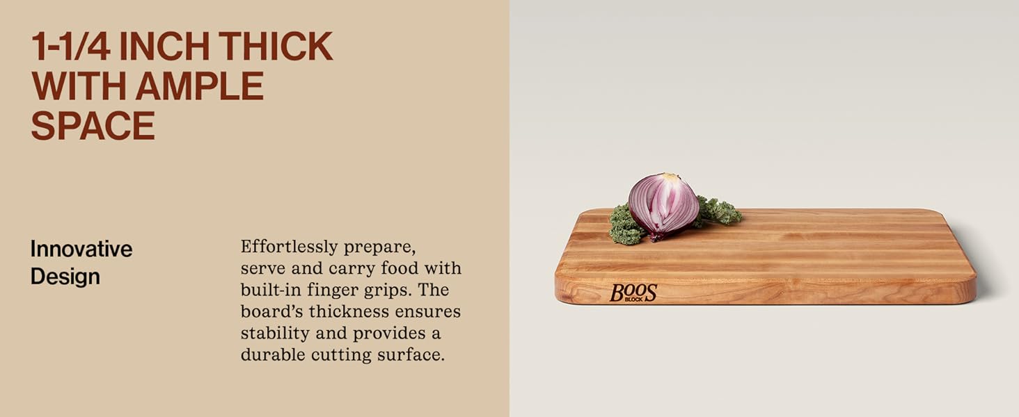 Text reads: 1 Inch Thick With Ample Space. Image of small wooden cutting board w/ berries on top.