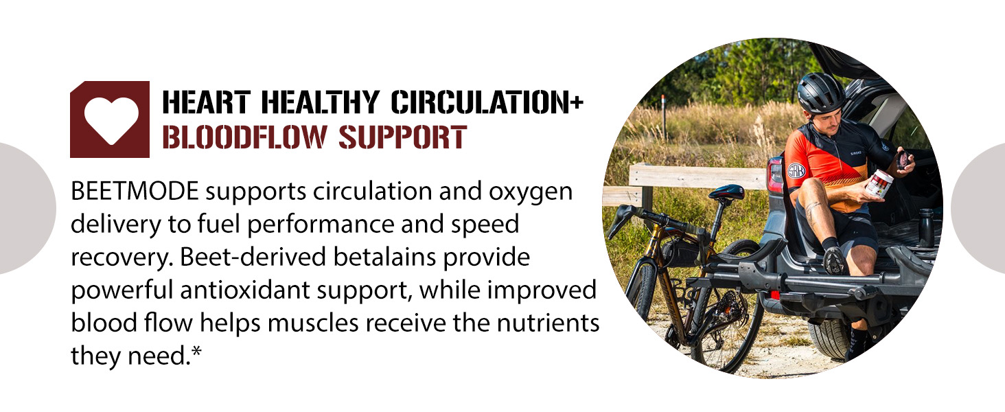 Male cyclist with BeetMode. Betalains support circulation blood flow oxygen delivery and recovery