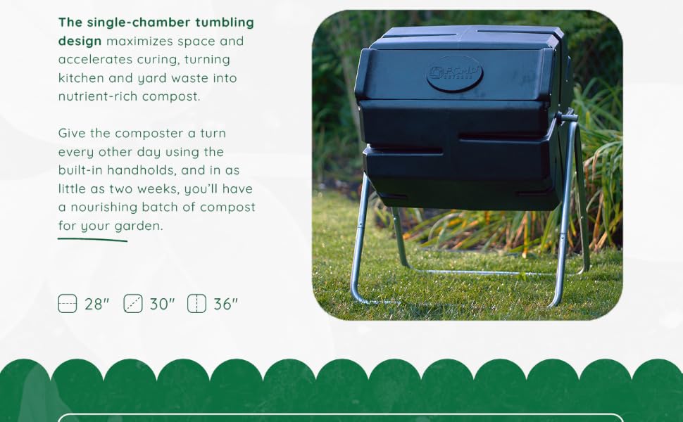 A black single-chamber outdoor compost tumbler bin. Text reads: Tumbling single-chamber design.