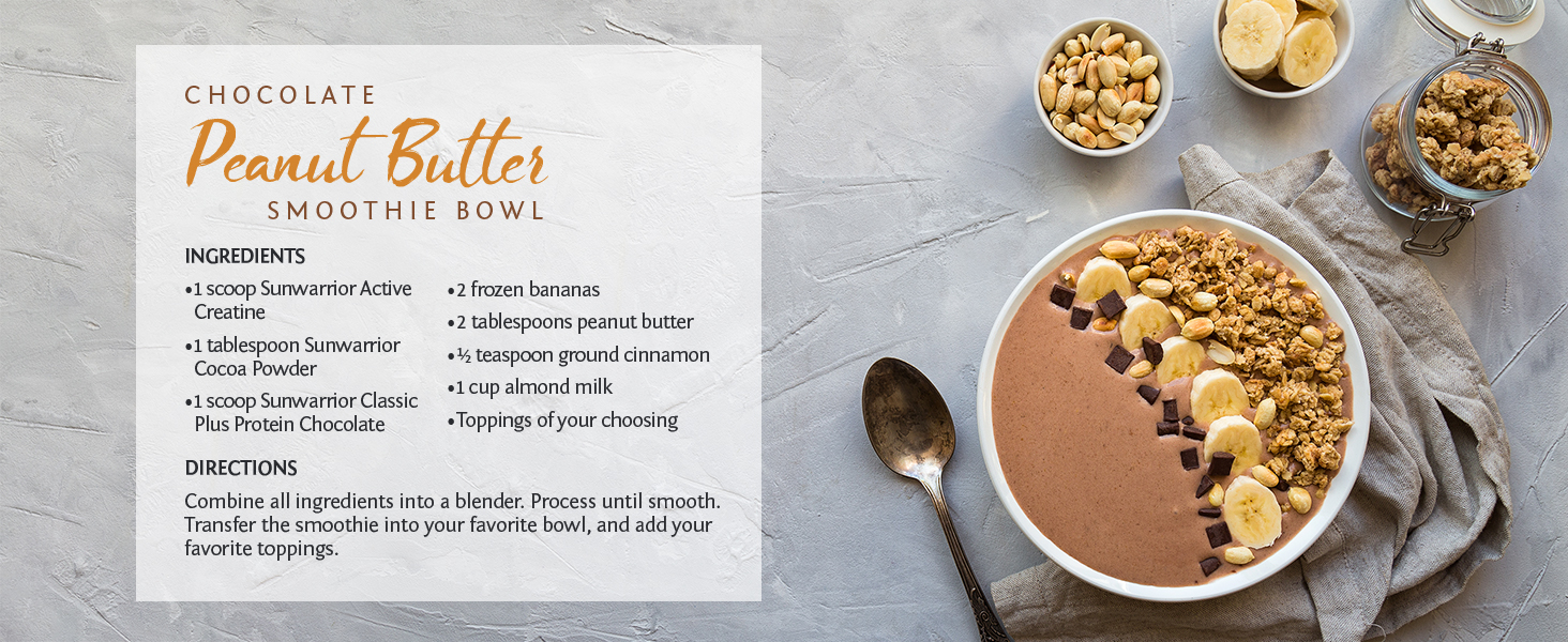A recipe for Chocolate Peanut Butter Smoothie Bowl featuring Sunwarrior Classic Plus Protein Powder