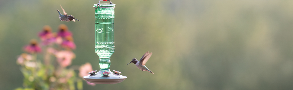 Perky-Pet Green Antique Glass Bottle Hummingbird Feeder features a stunning antique design