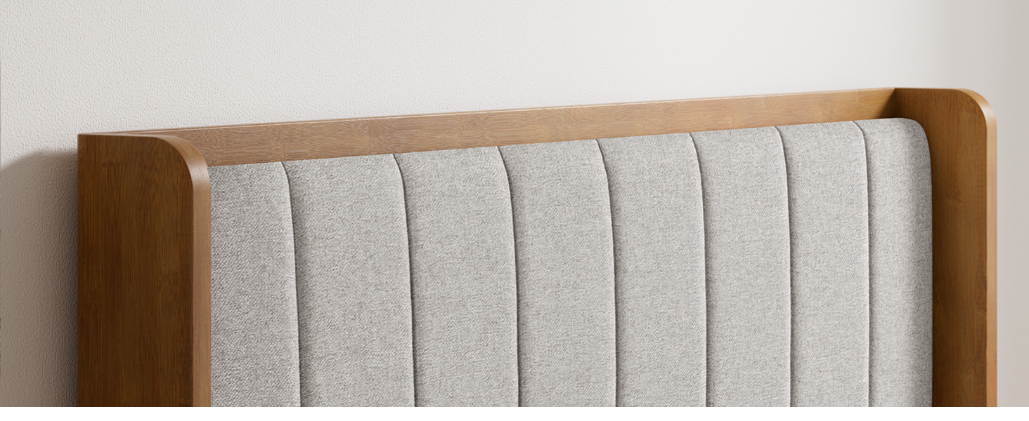 Close-up of Zinus Jonas Bamboo Bed Frame channel-tufted headboard and bamboo frame