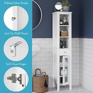 tall cabinet displayed in room. includes silver knobs, wall mounts &amp; soft close hinges
