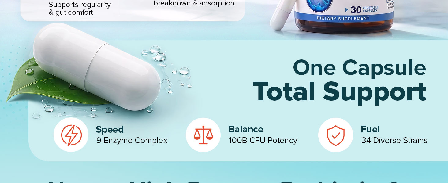 One capsule daily probiotic supplement, 9 enzyme complex, 34 strains, 100B CFU, vegetable capsule