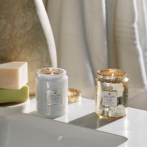 Blond Tabac &amp;amp; Bourbon Vanille Small Glass Jar Candles on a sink countertop