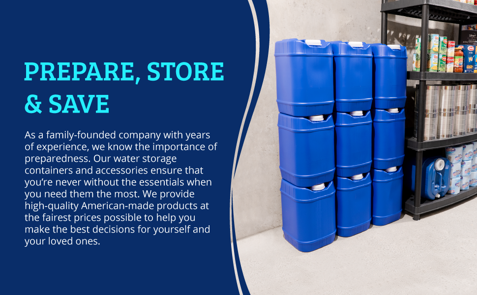 Nine emergency water storage containers stacked in three rows of three. &amp;#34;Prepare, store &amp;amp; save.&amp;#34;