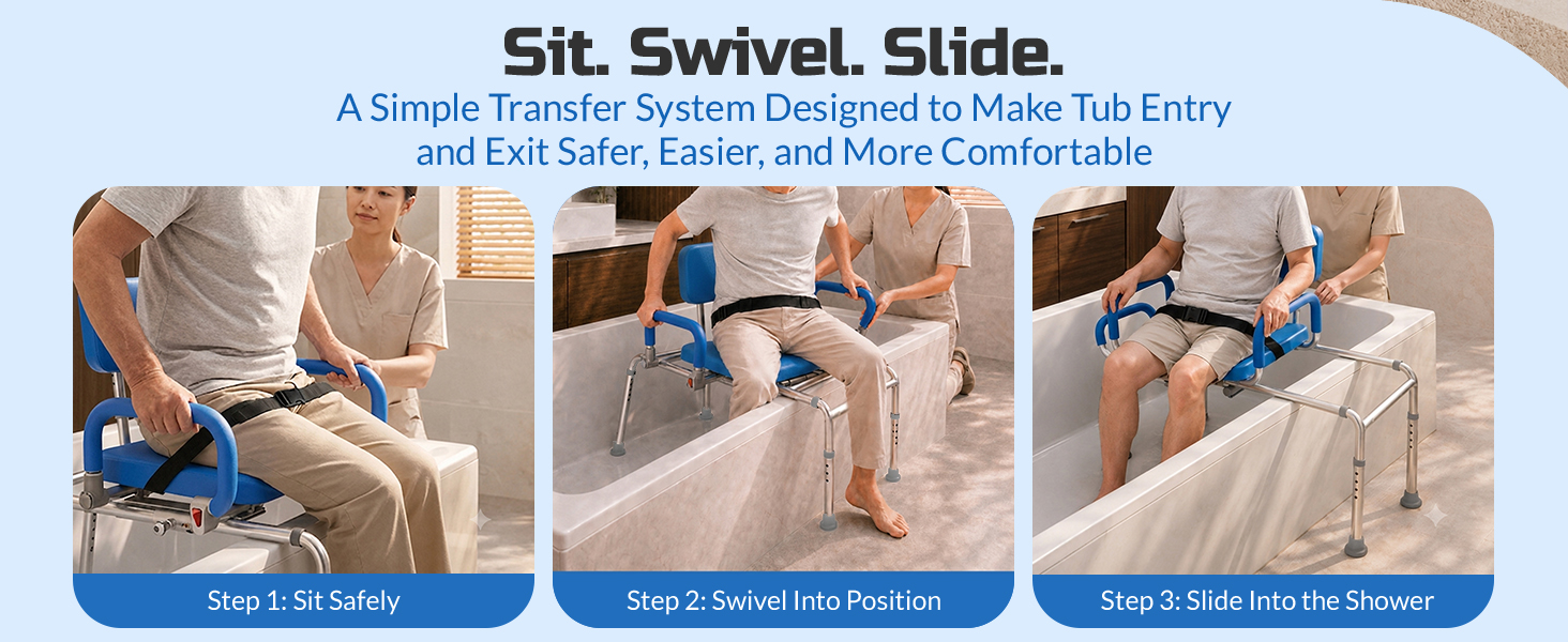 Platinum Health Carousel Sliding Shower Chair Tub Transfer Bench with Swivel Seat, Premium Padded