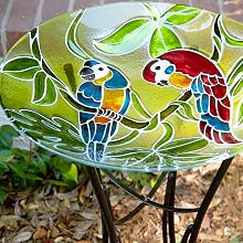 KPP602T-18 - Round Outdoor Birdbath Bowl Topper with Colorful Painted Parrot Design