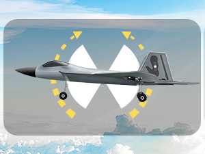Gray fighter jet with white triangular wing shapes highlighted by yellow arrows, demonstrating stealth technology against a cloudy sky background.