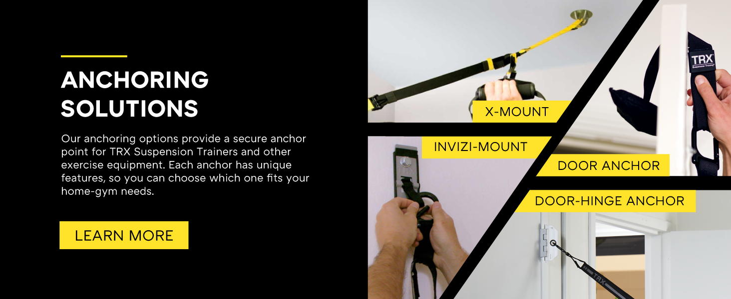 Several images showing the easy setup of TRX anchor mounts. Text reads: Anchoring solutions.