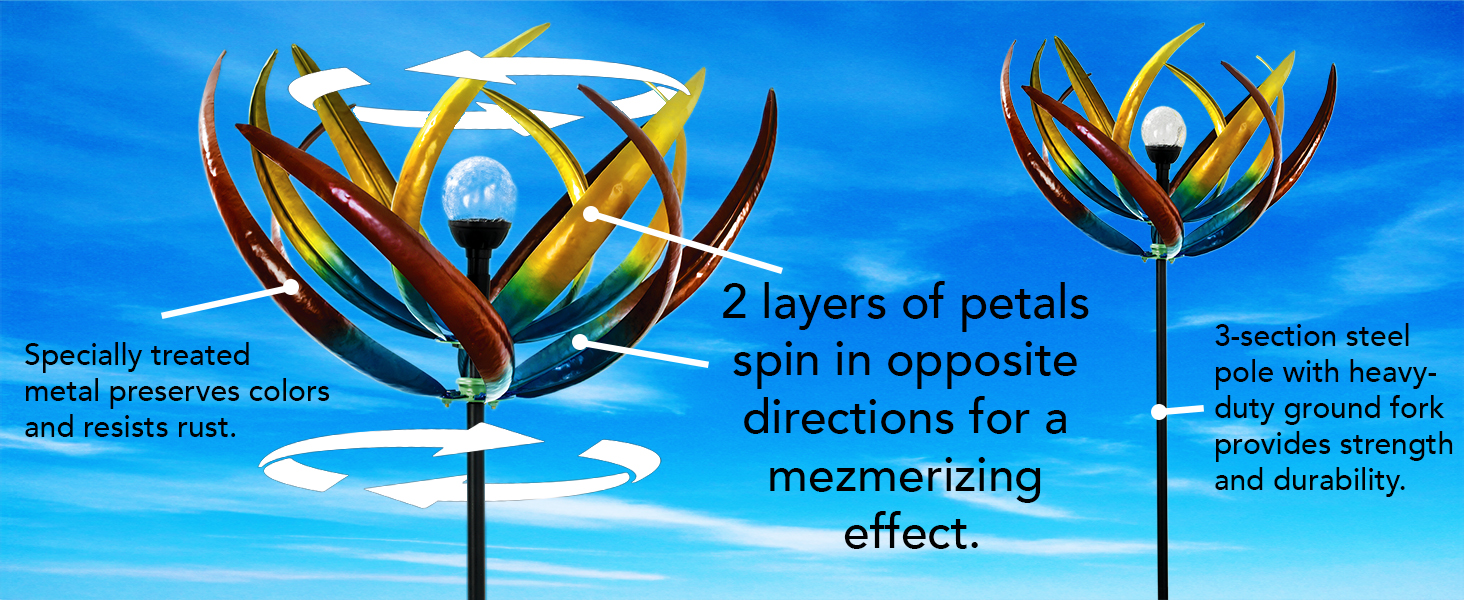 double layer of spinning petals, powder coated finish, sturdy steel pole and fork