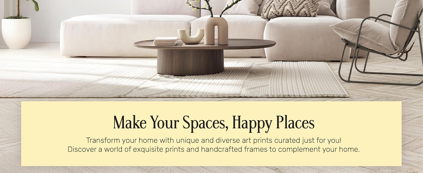 Minimal living room with beige sofa, wood table, and branded message about art prints