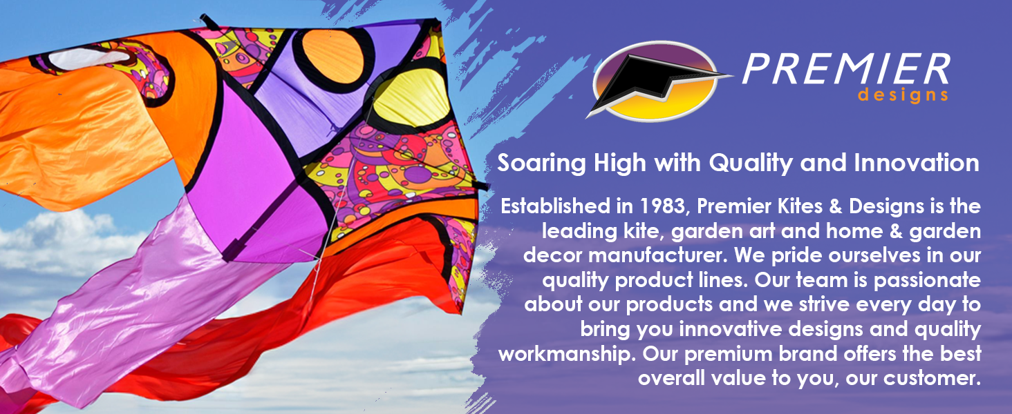 Premier Kites, innovative kite designs, quality garden art, colorful outdoor decor, vibrant kites