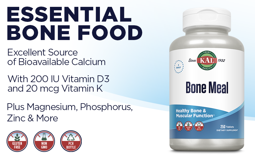 KAL Bone Meal Great Source Calcium Healthy Bones Teeth Nerves Muscular Function Support 250 Tablets