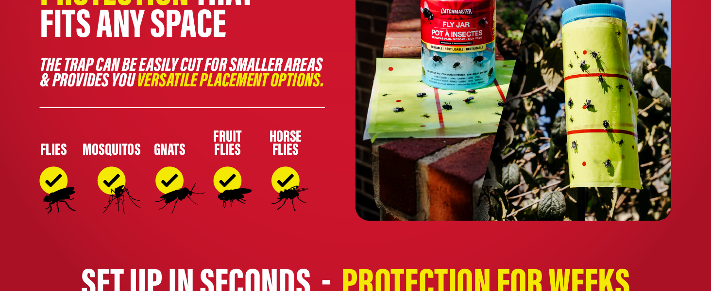 Giant fly trap can be cut to fit smaller areas and target flies, gnats and mosquitoes