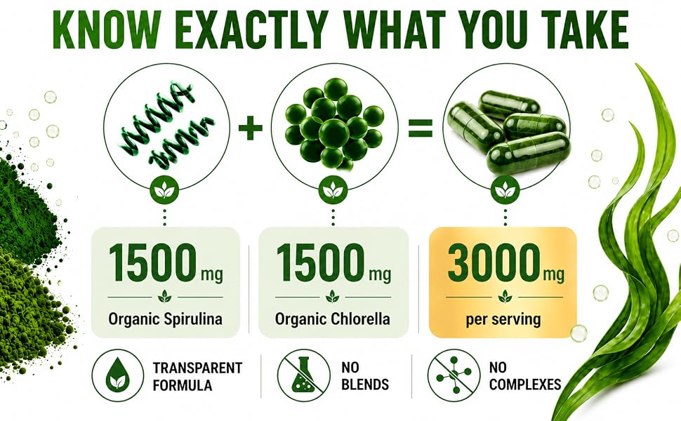 organic spirulina chlorella powder capsules plant protein hcl herbal code labs