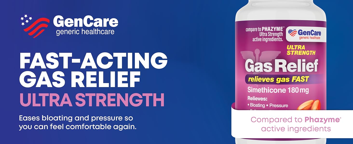 GenCare Ultra Strength Simethicone fast Gas Relief 180 mg Bloating Aid, Stomach Discomfort