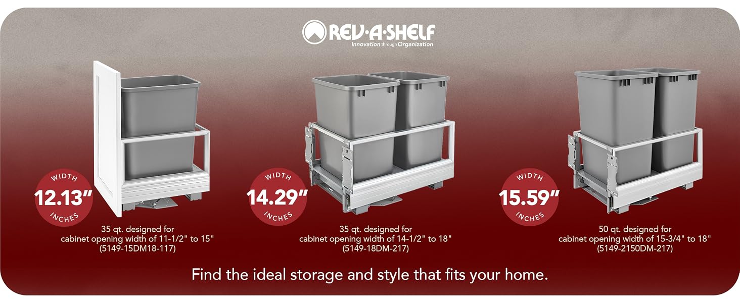 Product size variations of 5149 Bottom Mount Waste Container series.​ ​ ​