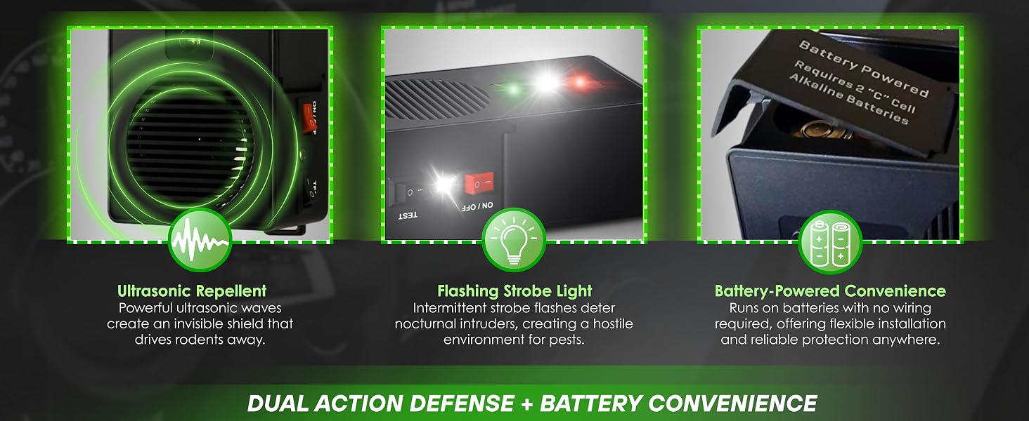 loraffe battery operated under hood rodent repellent Dual Defense Technology