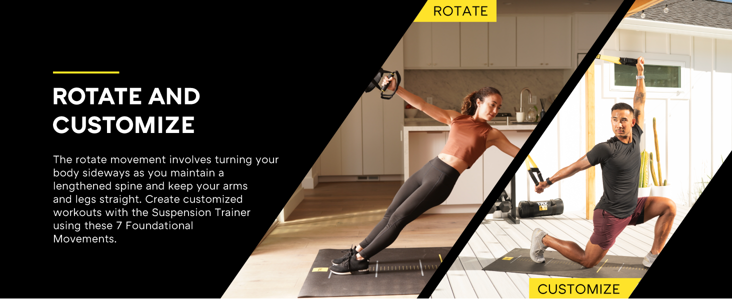 Two people working out with at-home fitness equipment. Text reads: Rotate and customize.