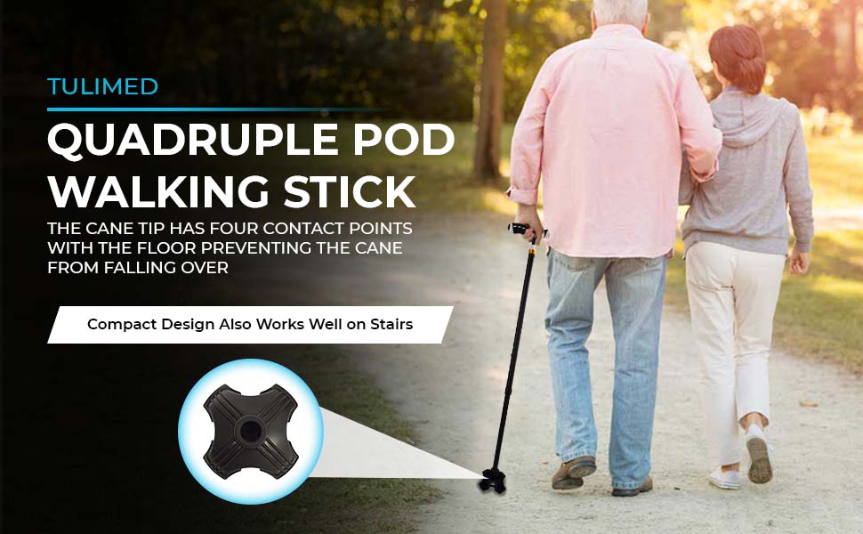Tulimed Quad Self Standing Walking Cane Tip - Quadruple Pod Walking Stick