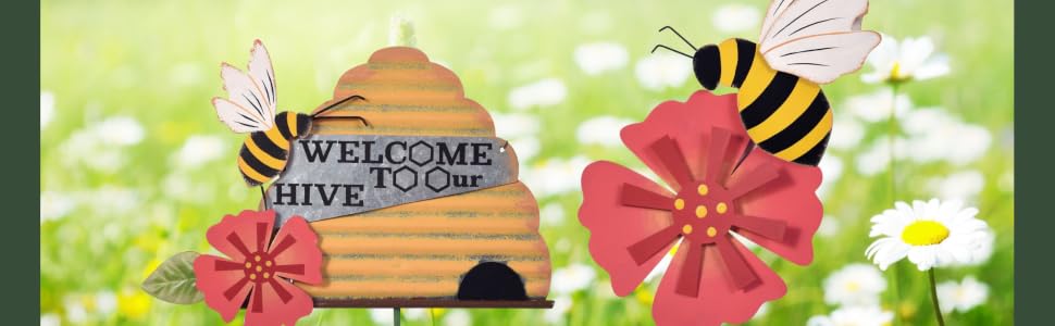 welcome to our hive bee honeybee yard decorations garden stake honeycomb and flowers