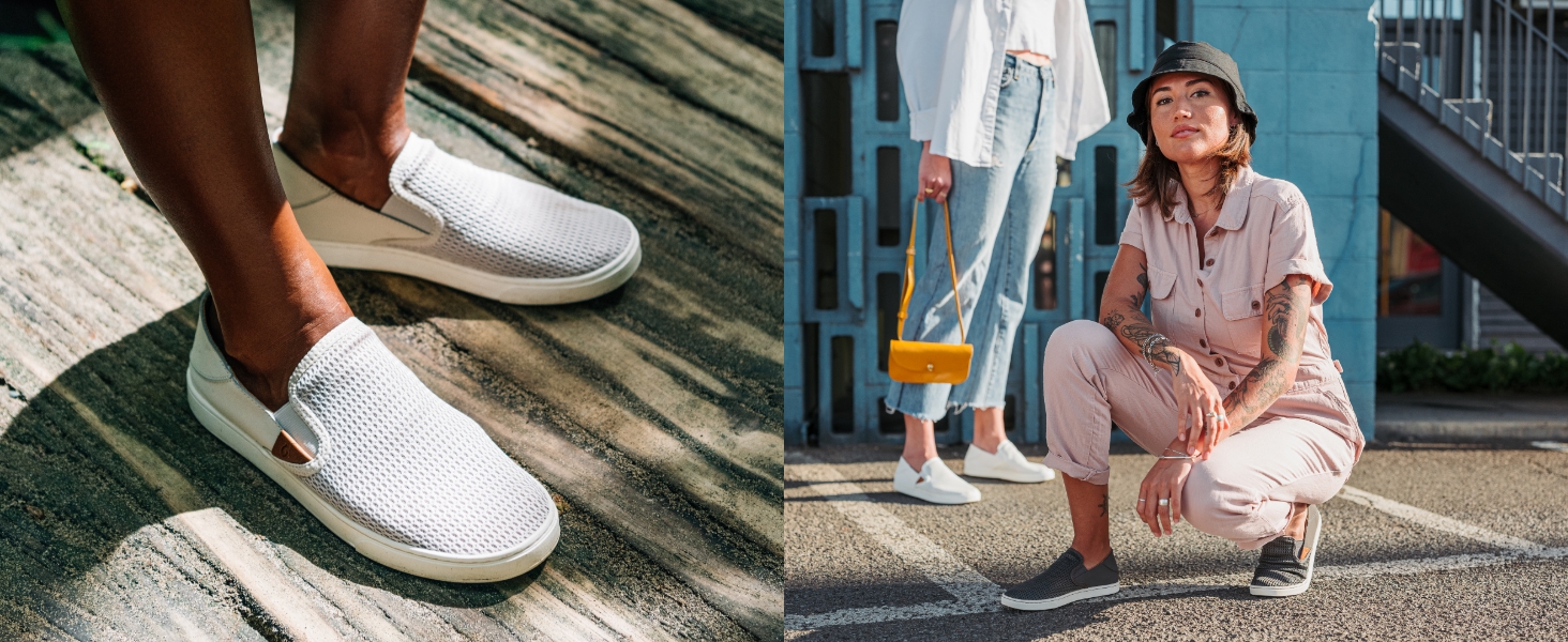top view angle shot of Pehuea women&amp;#39;s slip on shoes, woman sitting down wearing Pehuea sneakers