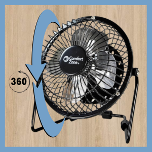 comfort zone portable fan is portable and can tilt and rotate 360 degrees