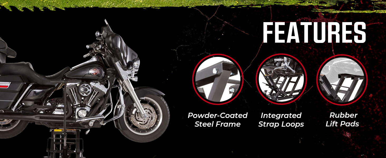 Highlighted features of the motorcycle dolly include aluminum build, ride-on, and caster locks.