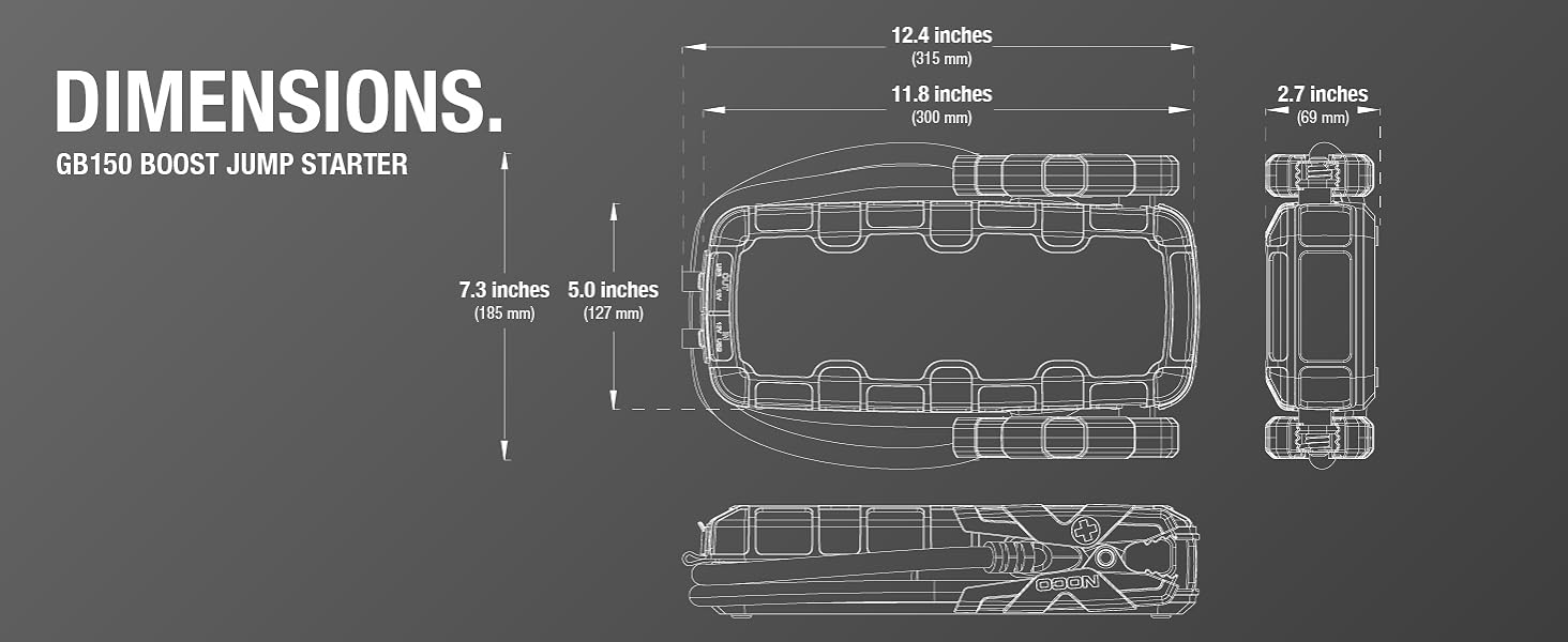 Dimensions. The dimensions of the GB150 jump starter.