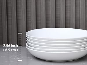 Text reads 'MiiCOL' and 'Stackable'. Product photo showing white stackable bowls or plates with measurement indicators of 2.56 inches and 4.5 cm.