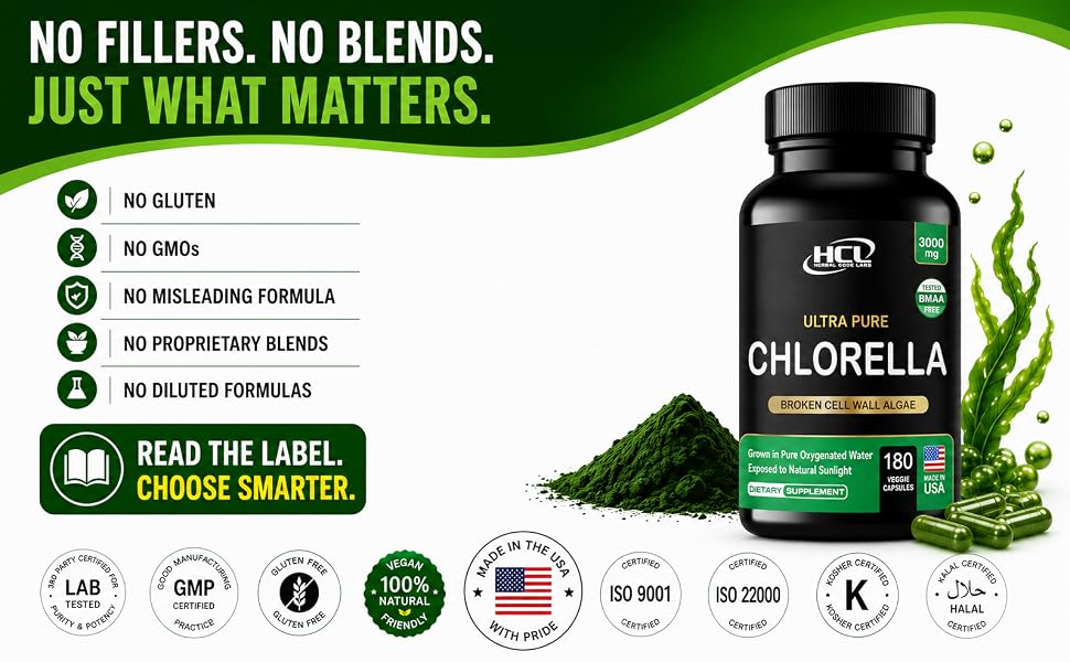 Chlorella capsules dietary supplement made with broken cell chlorella for better absorption