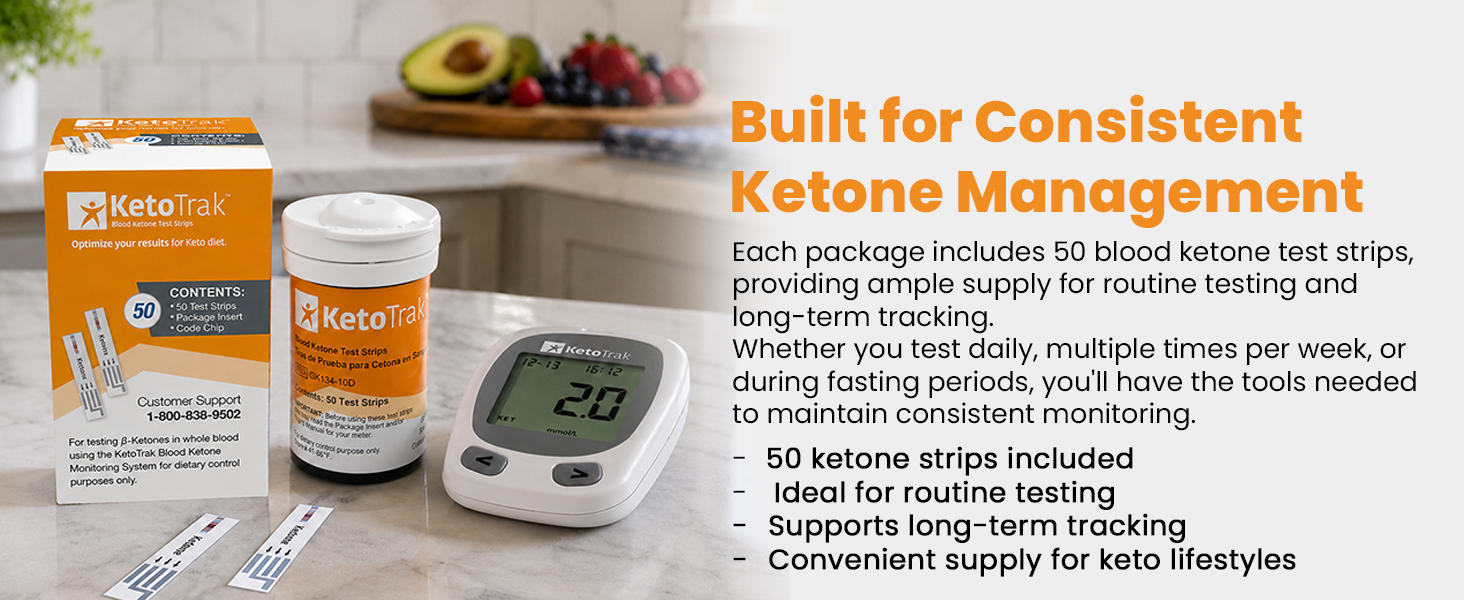 Blood ketone test strip pack includes 50 strips for routine ketone monitoring and tracking