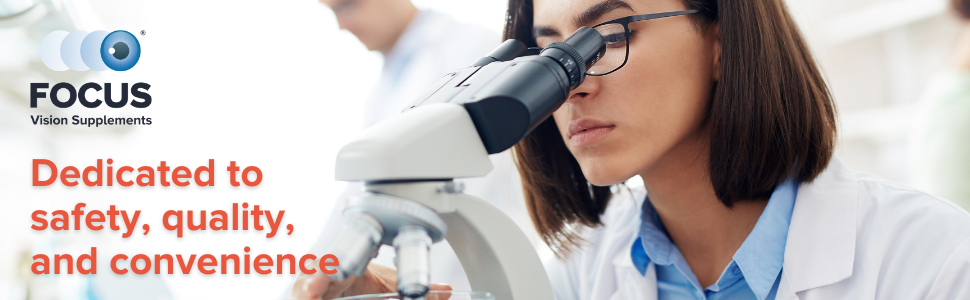 Scientist looking into microscope and Focus Vision Supplements