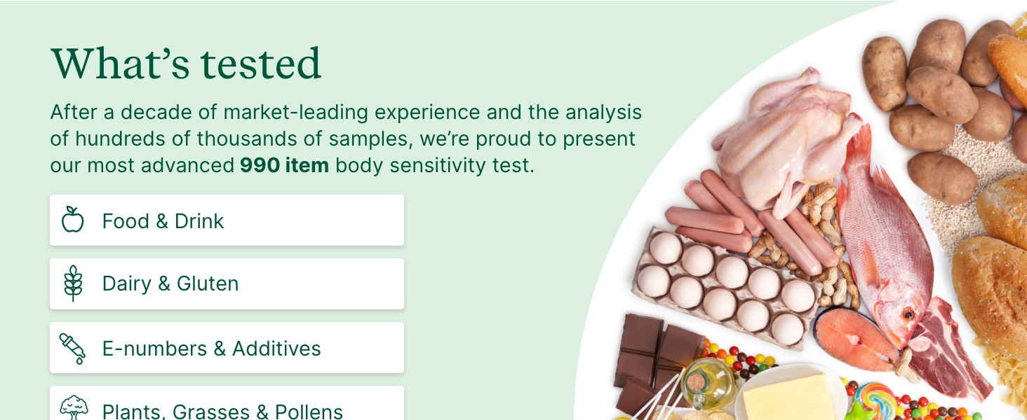Various foods like meats eggs and bread shown for testing in a health test kit at home