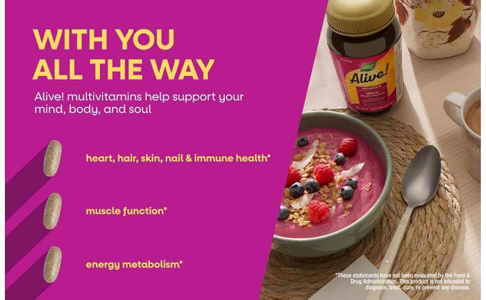 Bottle of Alive! Women's Ultra Multivitamins next to a smoothie bowl and cup of coffee