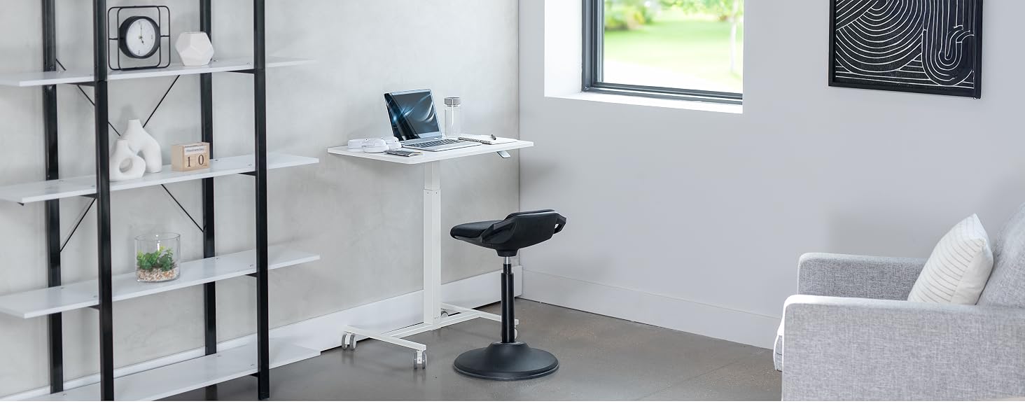 White 24" Pneumatic Mobile Workstation Mobile Desk Sit to Stand Desk Space Efficient Workstation