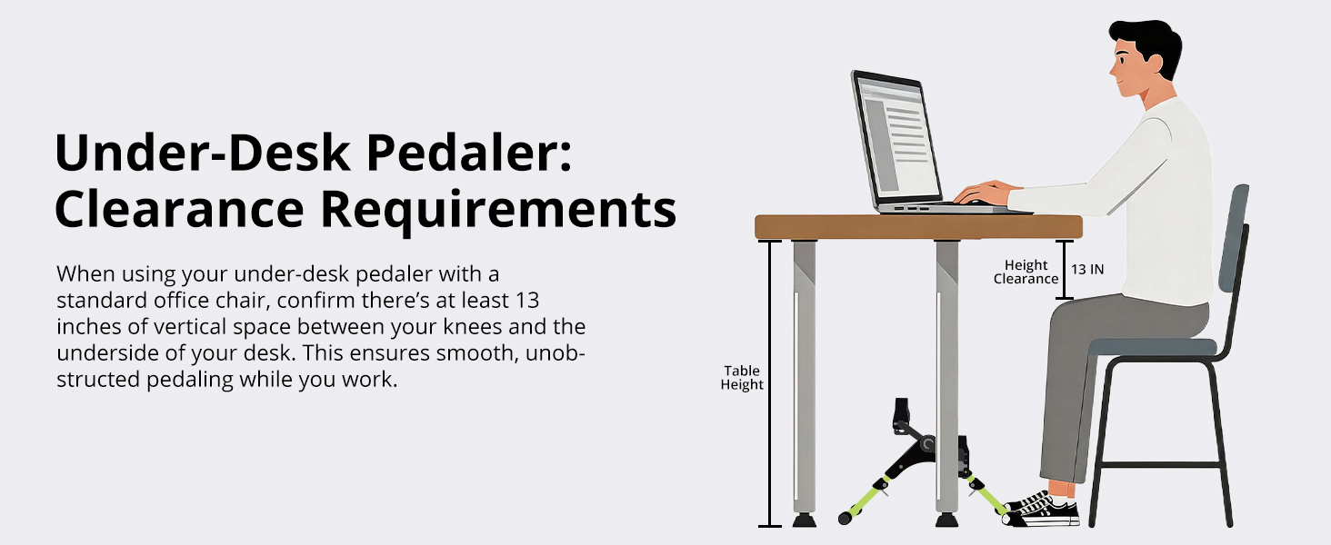 momoda under-desk pedaler: requires 13 inches vertical clearance for smooth use