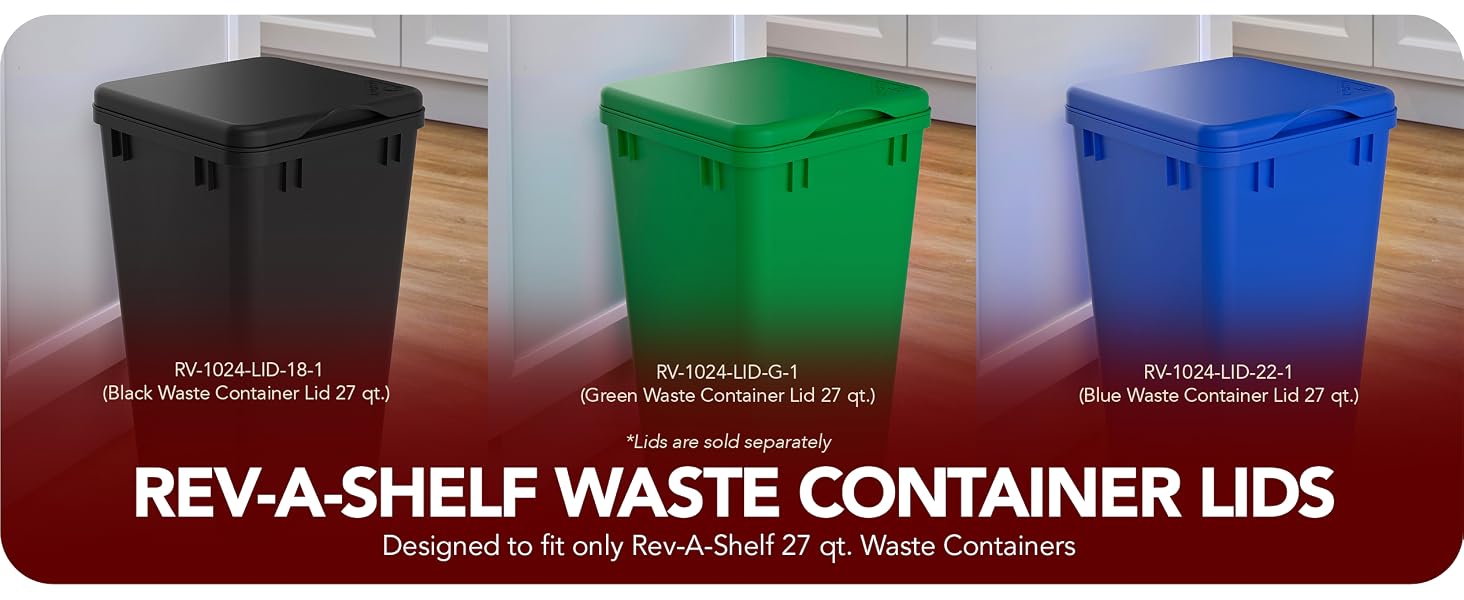 Different type of waste can lids. Text reads: Rev-A-Shelf Waste Container Lids.