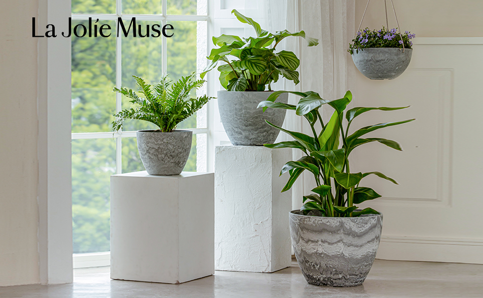 LA JOLIE MUSE 8.6"+7.5" Flower Pots Set with Drain Holes, ,Marble Pattern