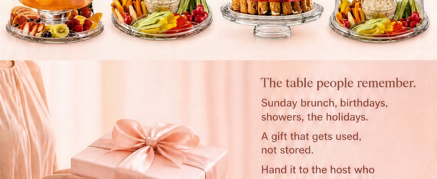 Six setups: punch bowl, chip and dip, dessert display, covered platter