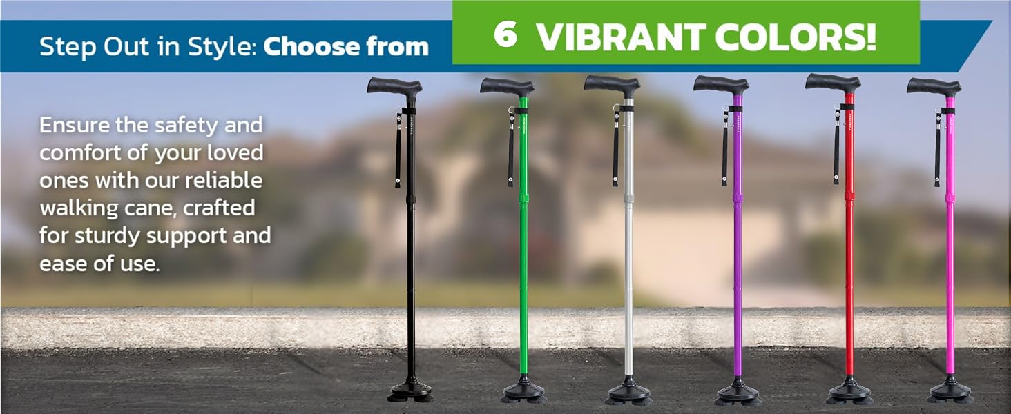 Walking Cane for Seniors and Adults, Adjustable, Free Standing with Ergonomic Handle