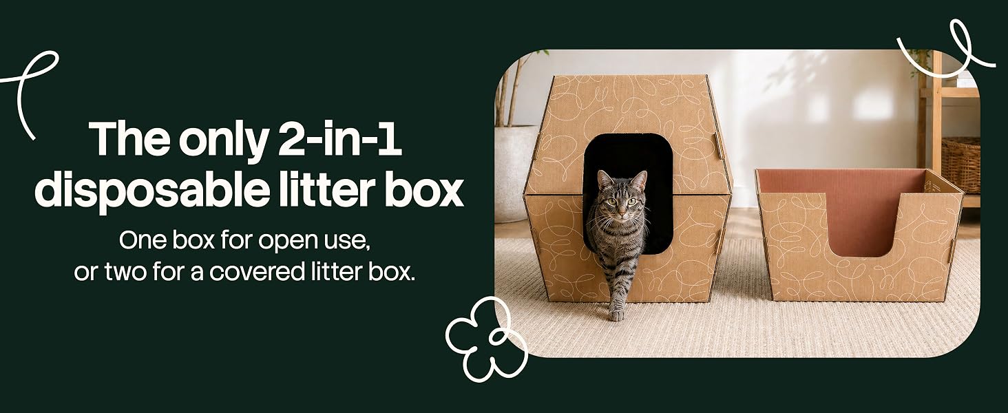 the only 2-in-1 patented disposable cardboard litter box with a lid so it can be covered or open
