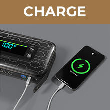 HALO power bank charging a smartphone via USB cable