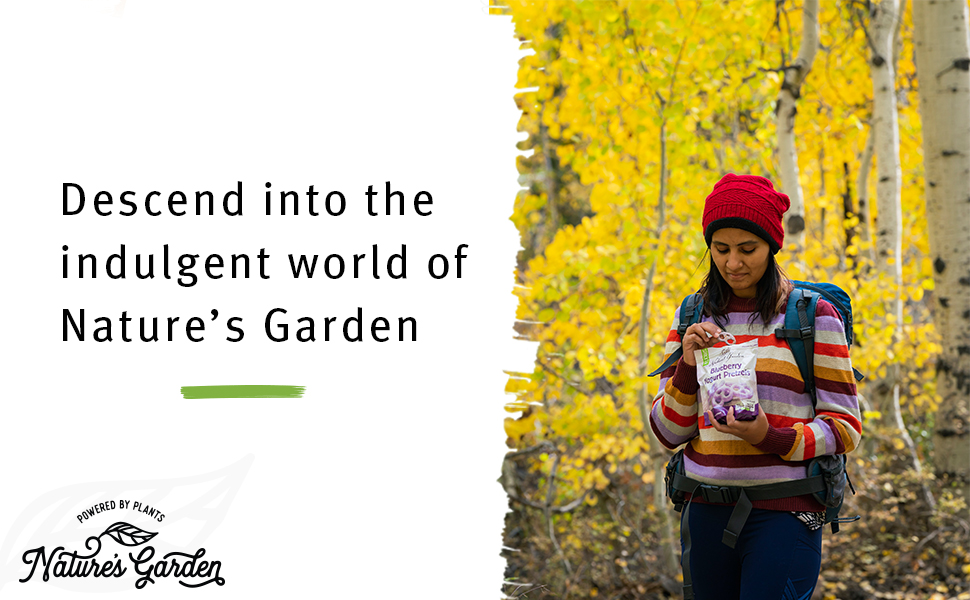 Descend into the Indulgent world of Nature's Garden. Pretzels, Indulge, Blueberry, Snack, Snack time