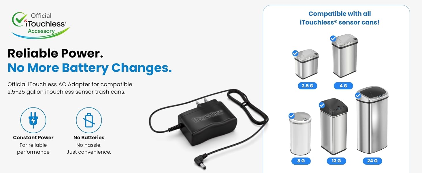 The official iTouchless AC adapter compatible with all iTouchless sensor trash cans.