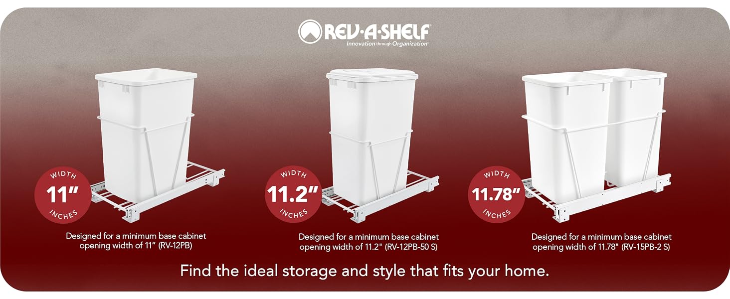 The different sizes and types of the Rev-A-Shelf Pullout organizer setup.