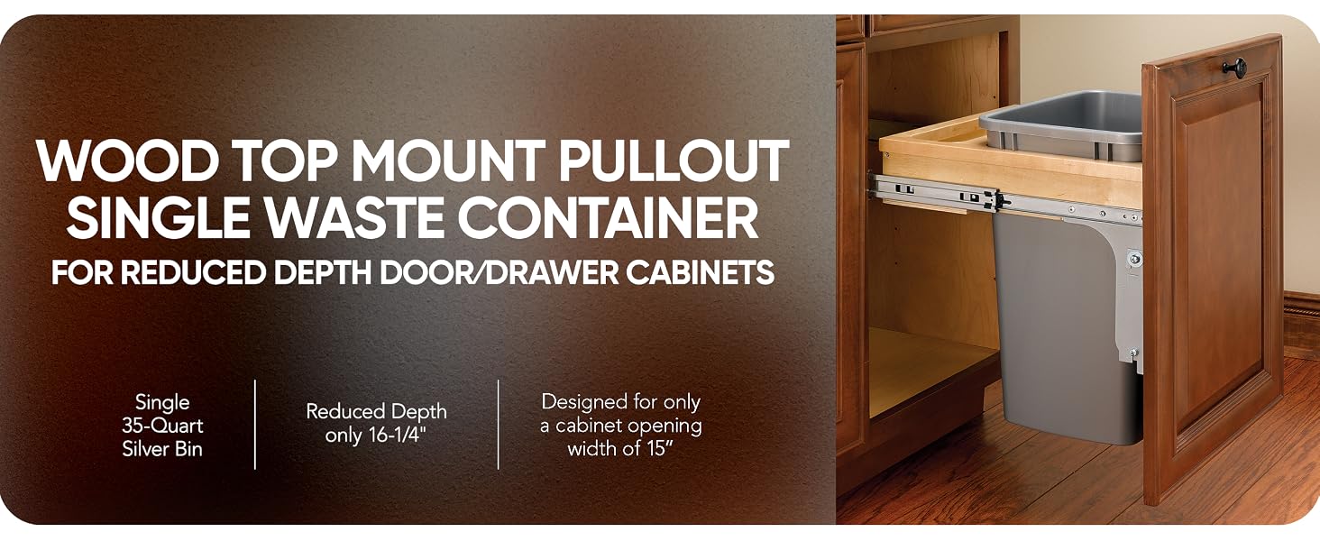 Wood top mount pullout single waste container shown in a cabinet installation.
