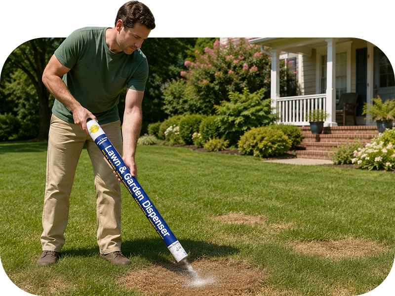 A man using the St. Gabriel Organics Lawn &amp; Garden Dispenser on the brown patches in his front lawn