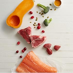 raw cat food, vegetables, meat, protein